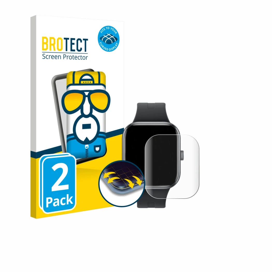 Front side of a product packaging with the brand logo BROTECT. Next to it is the device Xiaomi Redmi Watch 5 shown with the co