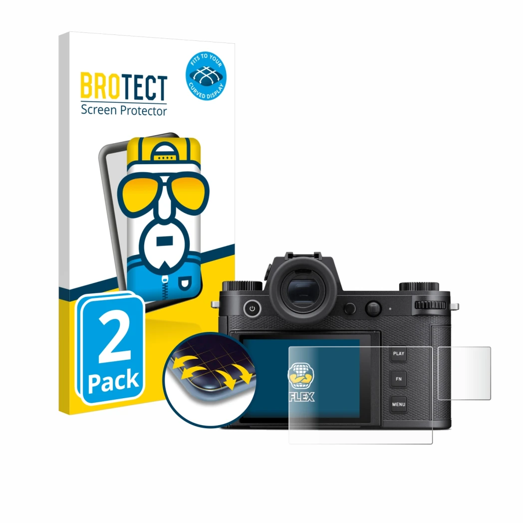 Front side of a product packaging with the brand logo BROTECT. Next to it is the device Leica SL3-S (Display + top plate displ