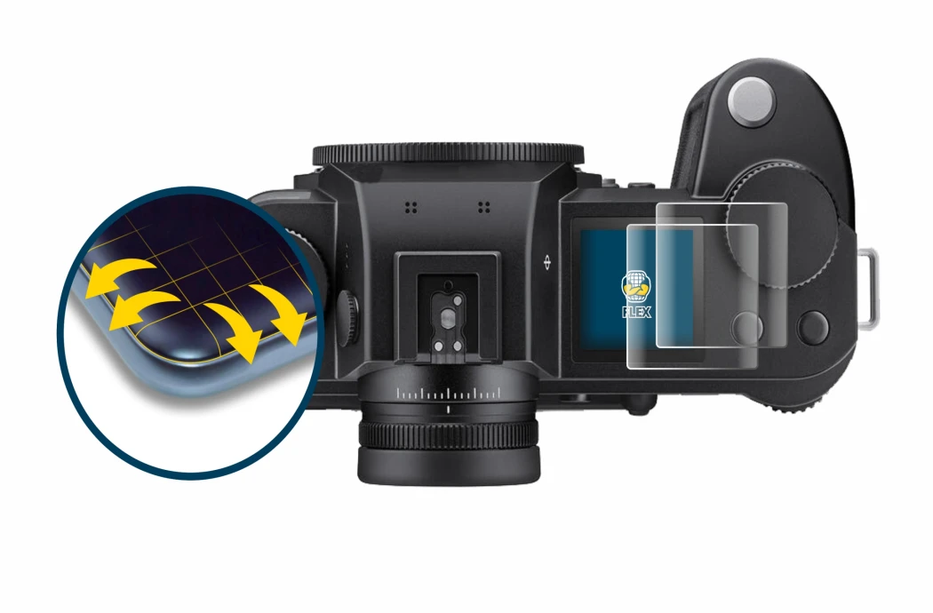 Image of the device Leica SL3-S (top plate display) with a wide variety of screen protectors.