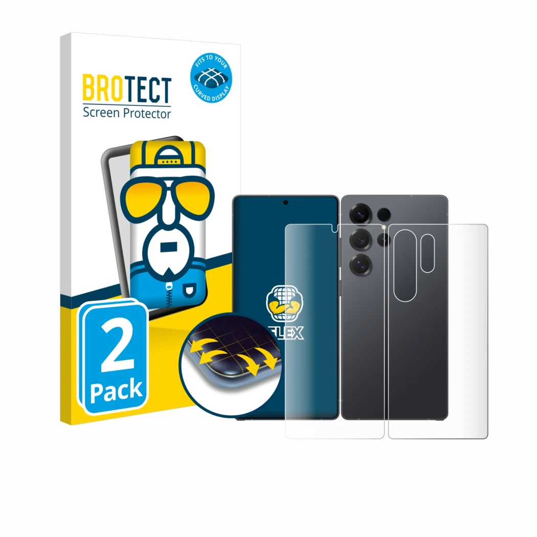 Front side of a product packaging with the brand logo BROTECT. Next to it is the device Samsung Galaxy S25 Ultra (Front+Back) 