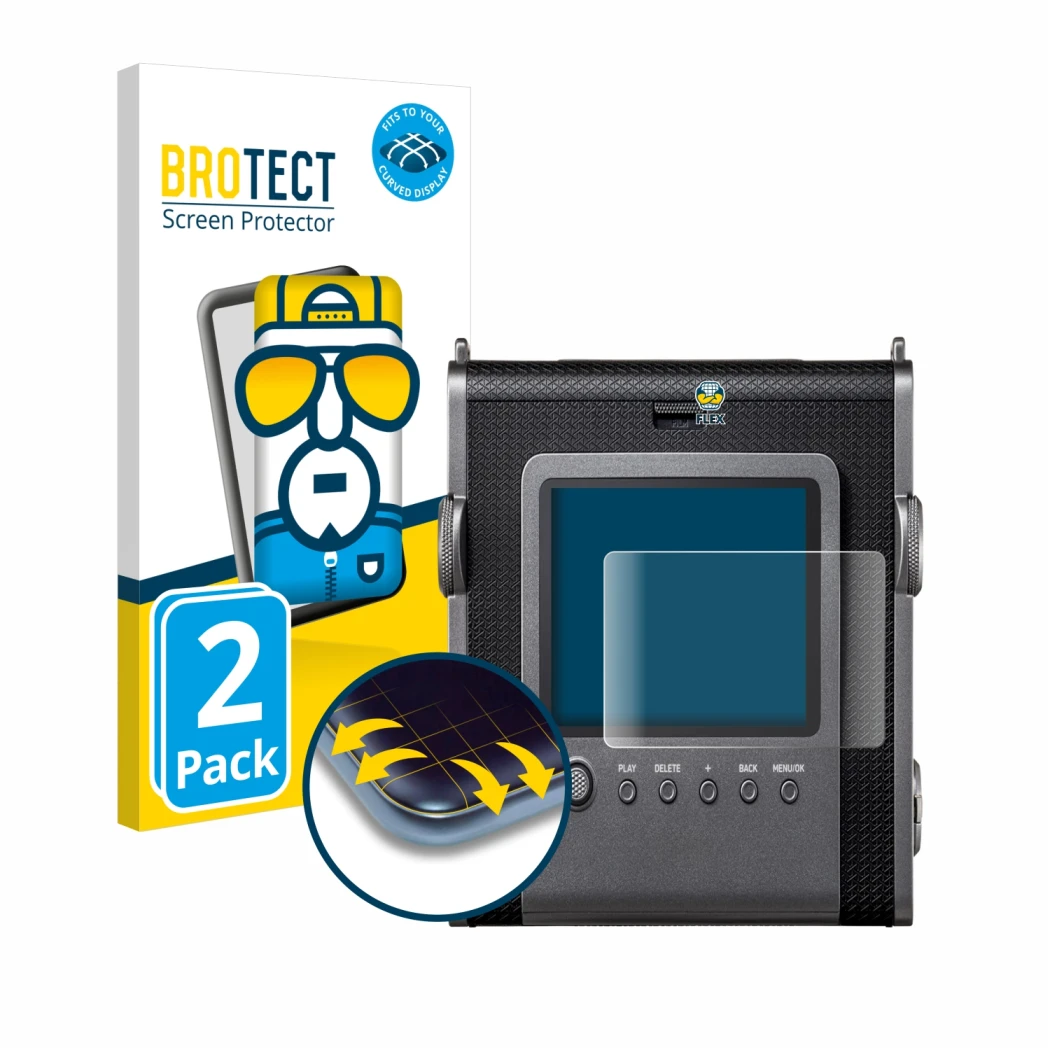 Front side of a product packaging with the brand logo BROTECT. Next to it is the device Fujifilm Instax Wide Evo shown with th
