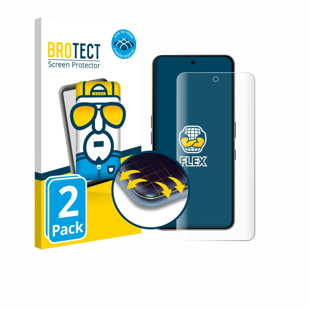 Front side of a product packaging with the brand logo BROTECT. Next to it is the device Nothing Phone (3a) Pro shown with the 