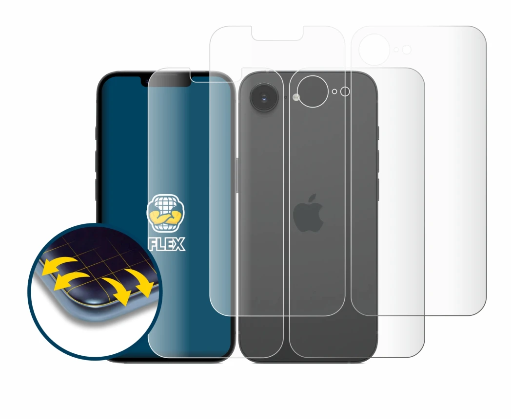 Image of the device Apple iPhone 16e (Front+Back) with a wide variety of screen protectors.