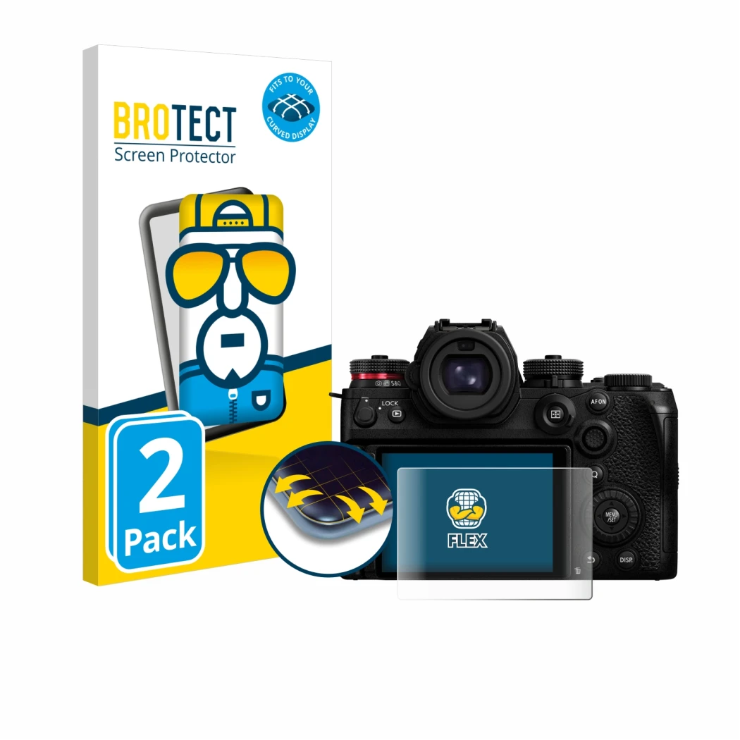 Front side of a product packaging with the brand logo BROTECT. Next to it is the device Panasonic Lumix S1R II shown with the 