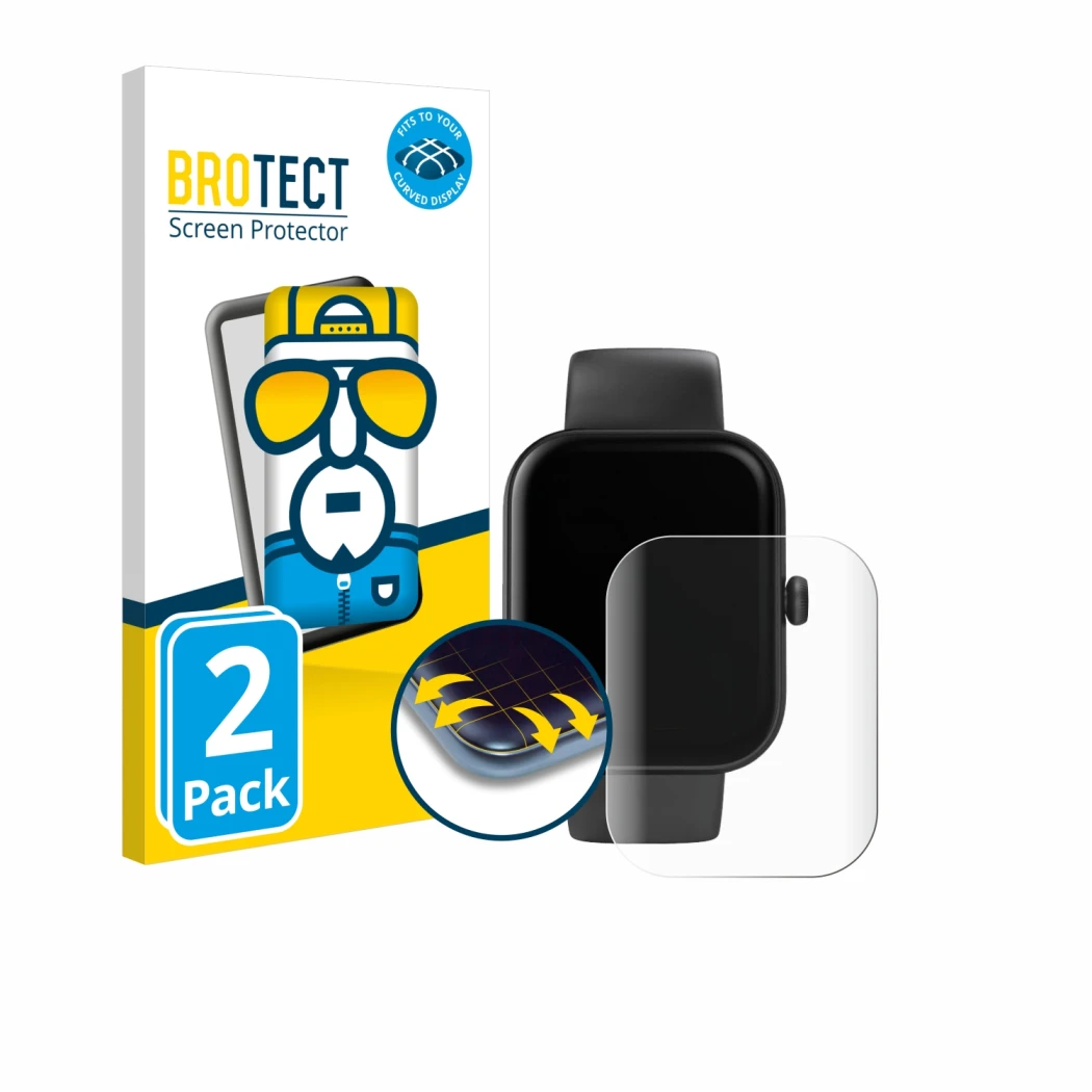 Front side of a product packaging with the brand logo BROTECT. Next to it is the device Hama Smartwatch 5000 shown with the co