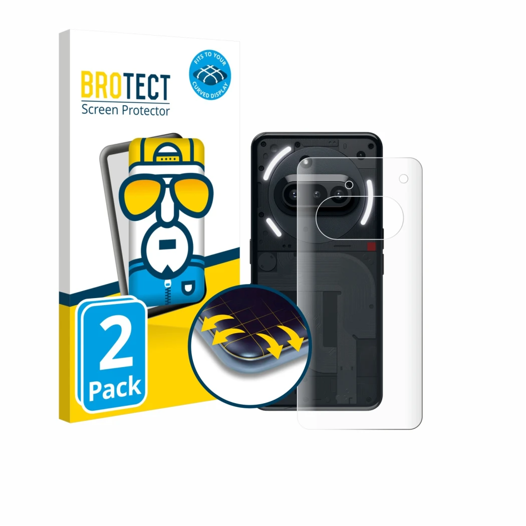Front side of a product packaging with the brand logo BROTECT. Next to it is the device Nothing Phone (3a) (Back) shown with t