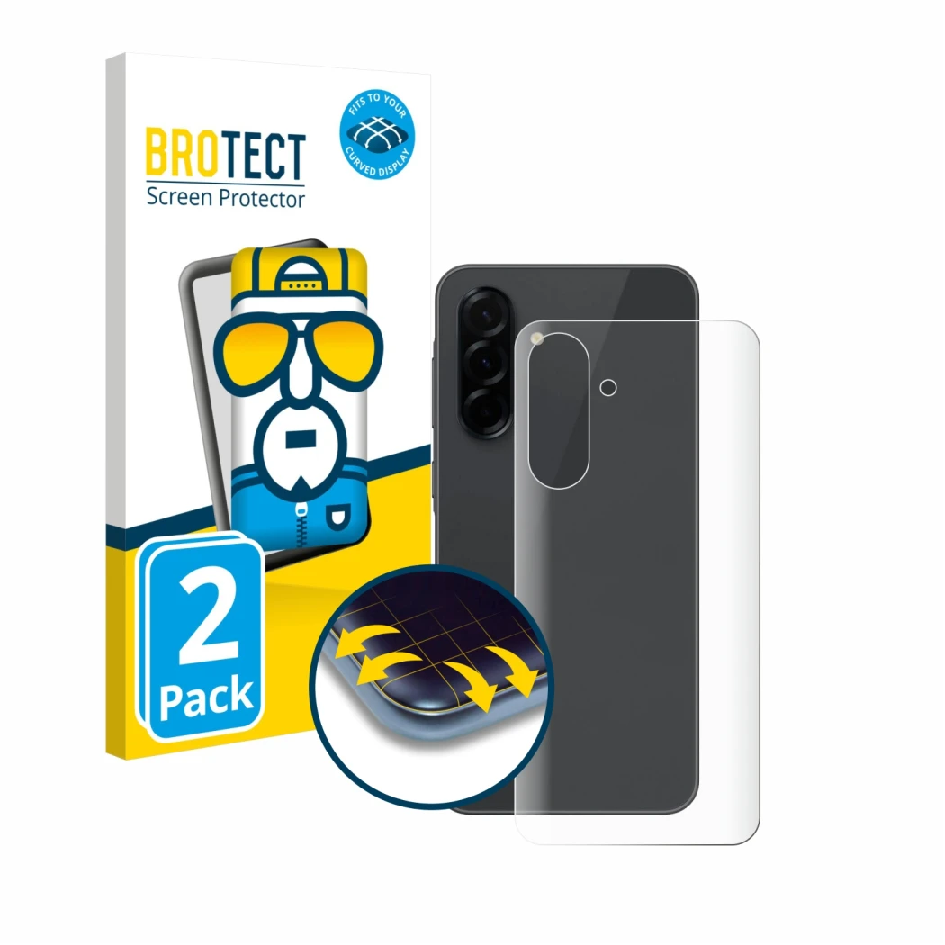 Front side of a product packaging with the brand logo BROTECT. Next to it is the device Samsung Galaxy A36 5G (Back) shown wit