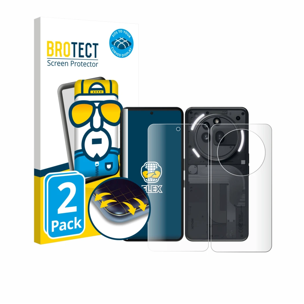 Front side of a product packaging with the brand logo BROTECT. Next to it is the device Nothing Phone (3a) Pro (Front+Back) sh