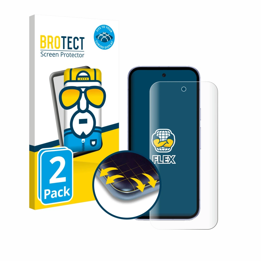 Front side of a product packaging with the brand logo BROTECT. Next to it is the device Google Pixel 9a shown with the corresp