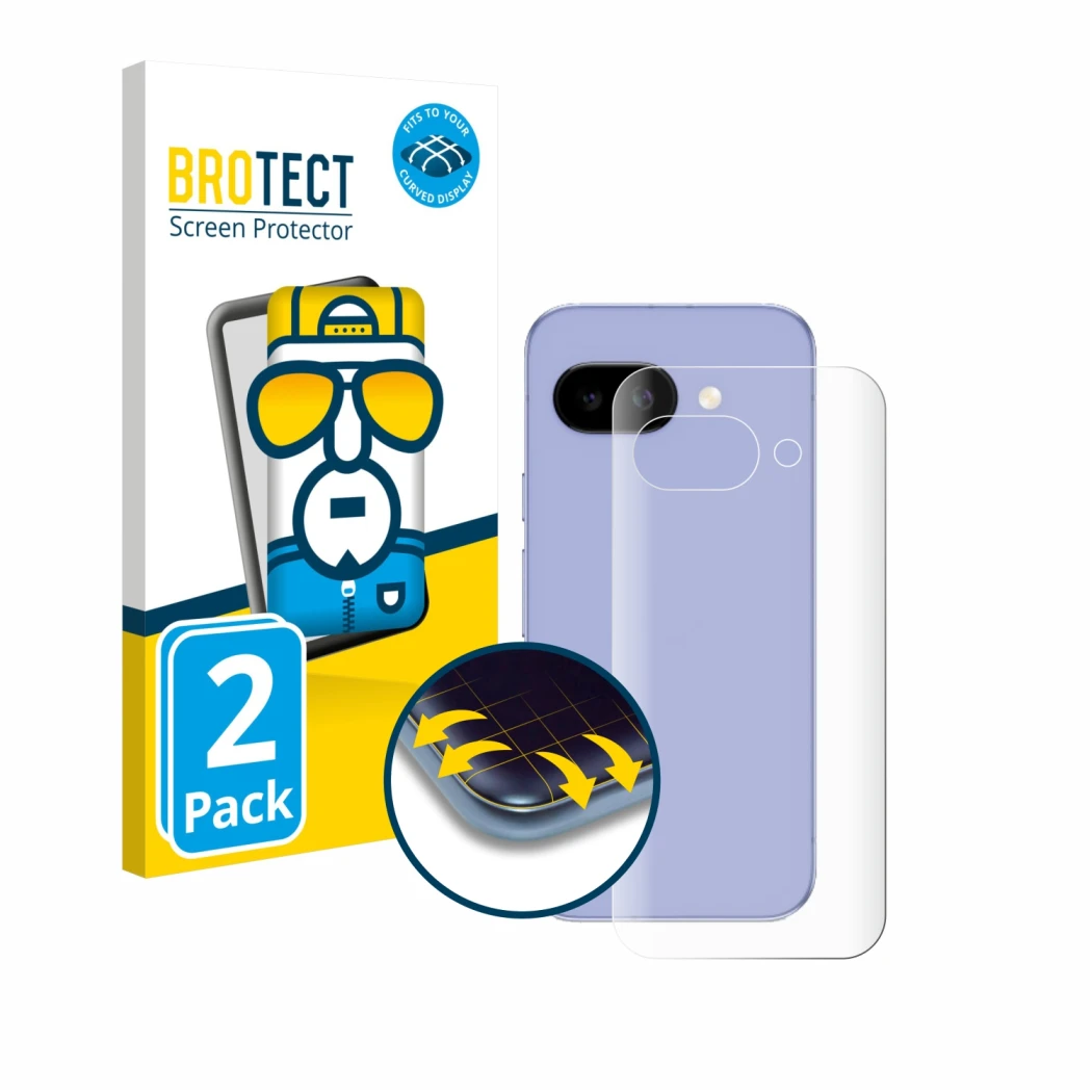 Front side of a product packaging with the brand logo BROTECT. Next to it is the device Google Pixel 9a (Back) shown with the 