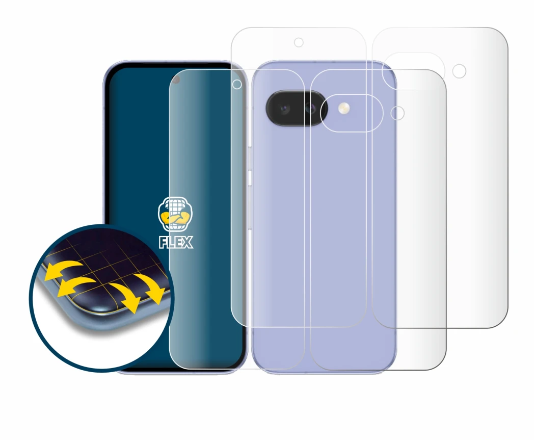 Image of the device Google Pixel 9a (Front+Back) with a wide variety of screen protectors.