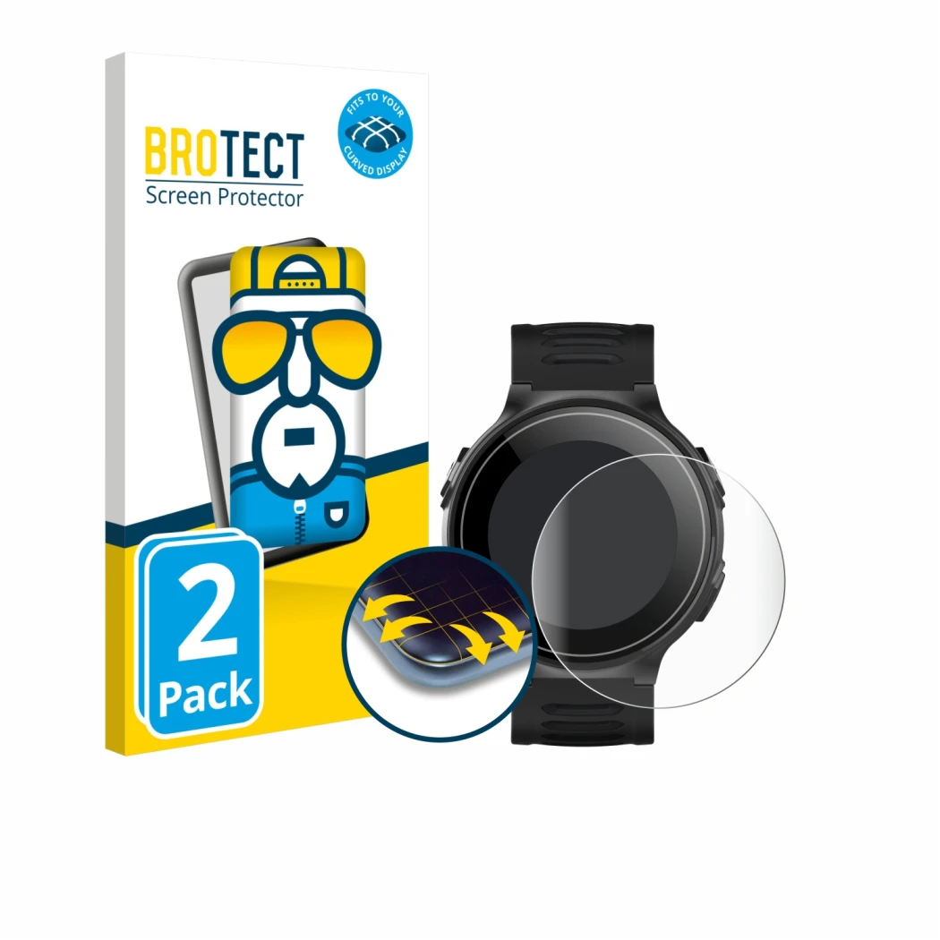 Front side of a product packaging with the brand logo BROTECT. Next to it is the device Kiprun GPS 500 Coros shown with the co