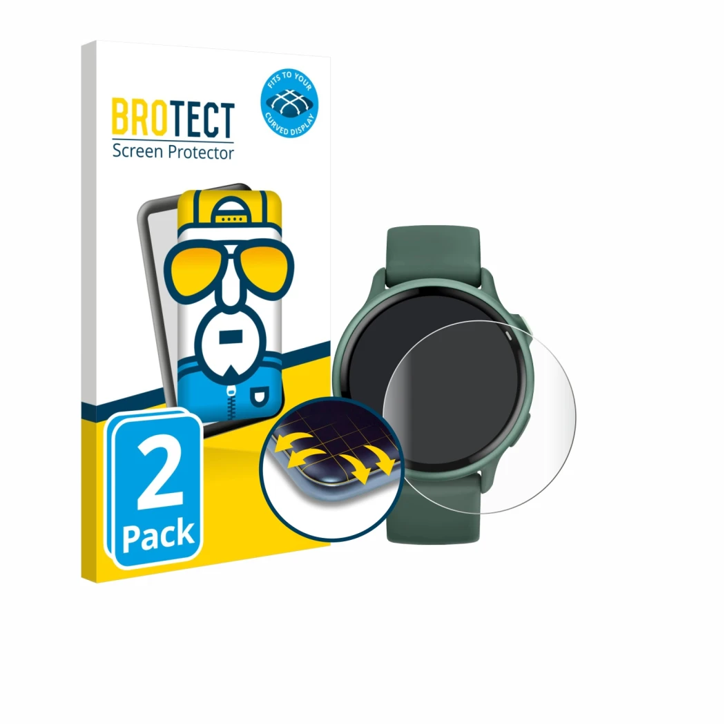 Front side of a product packaging with the brand logo BROTECT. Next to it is the device Garmin vivoactive 6 shown with the cor