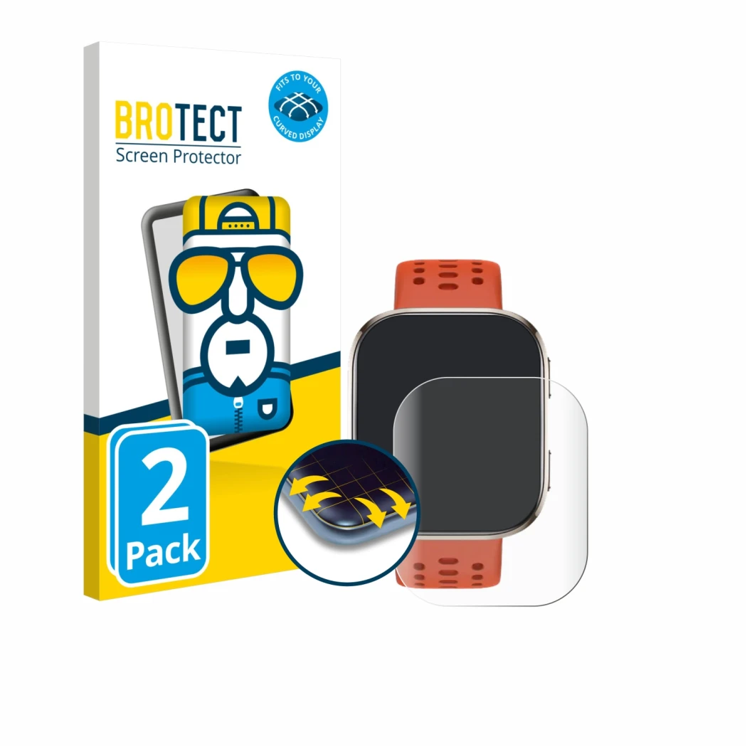 Front side of a product packaging with the brand logo BROTECT. Next to it is the device Huami Amazfit Bip 6 shown with the cor