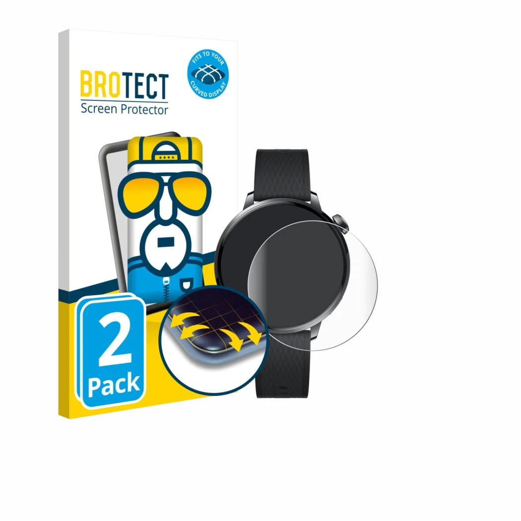 Front side of a product packaging with the brand logo BROTECT. Next to it is the device Oppo Watch X2 Mini shown with the corr