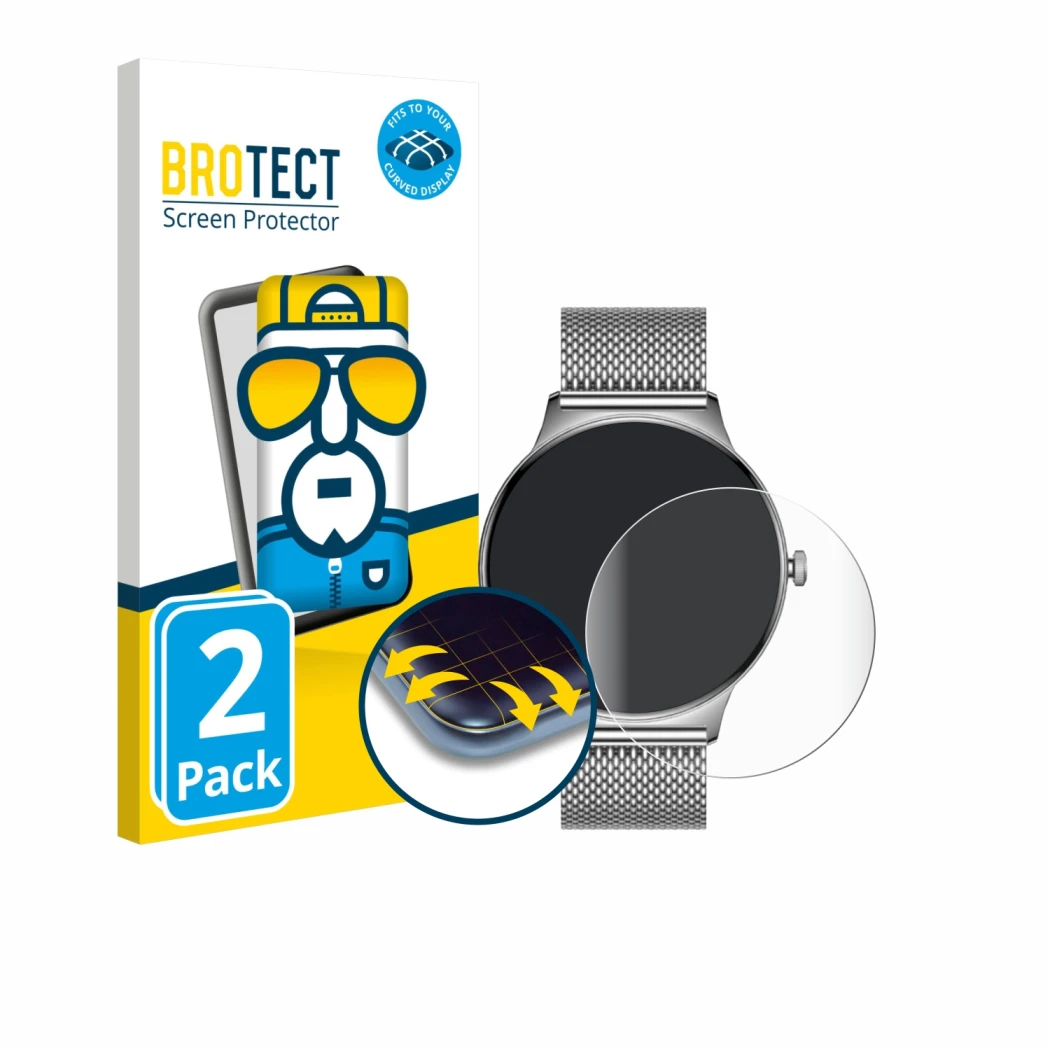 Front side of a product packaging with the brand logo BROTECT. Next to it is the device Pireware Slim Smartwatch shown with th