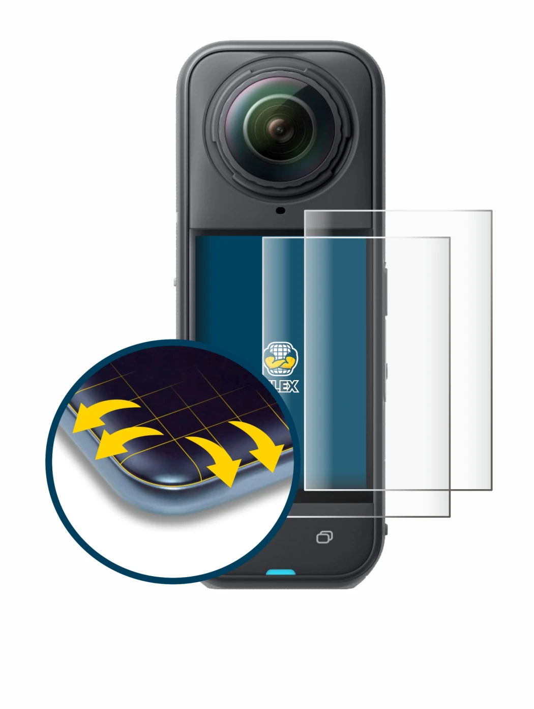 Image of the device Insta360 X5 with a wide variety of screen protectors.