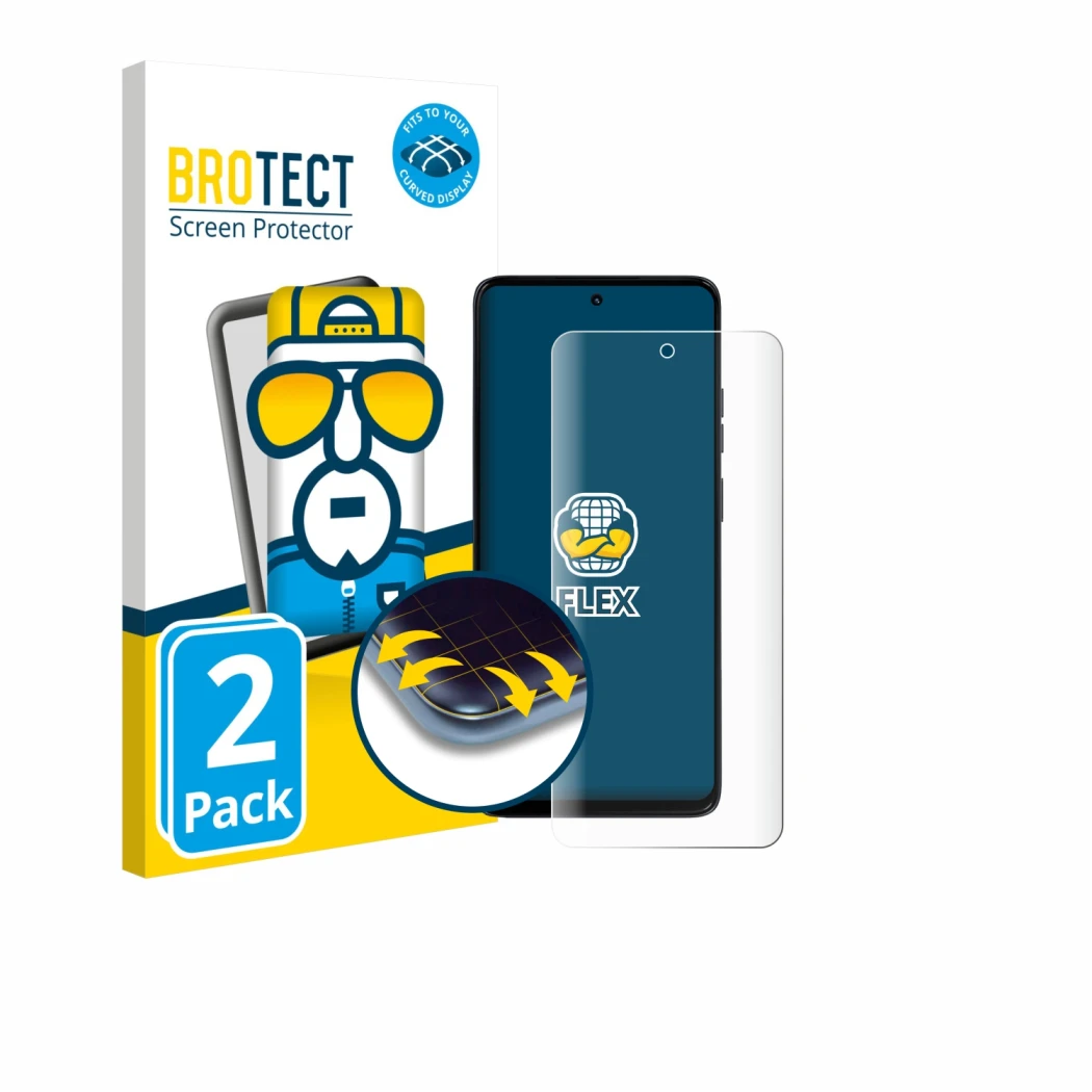 Front side of a product packaging with the brand logo BROTECT. Next to it is the device Motorola Moto G56 shown with the corre