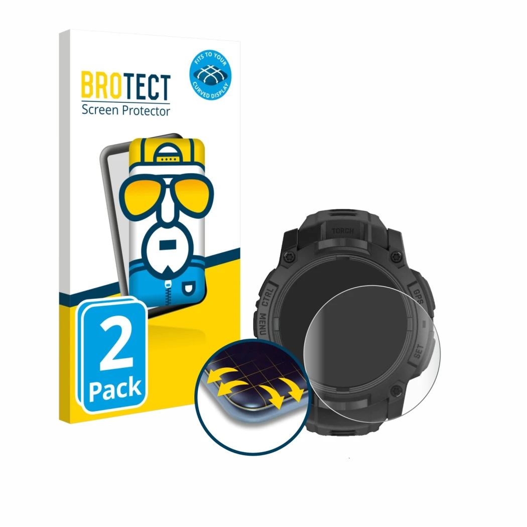Front side of a product packaging with the brand logo BROTECT. Next to it is the device Garmin Instinct 3 Tactical AMOLED Edit