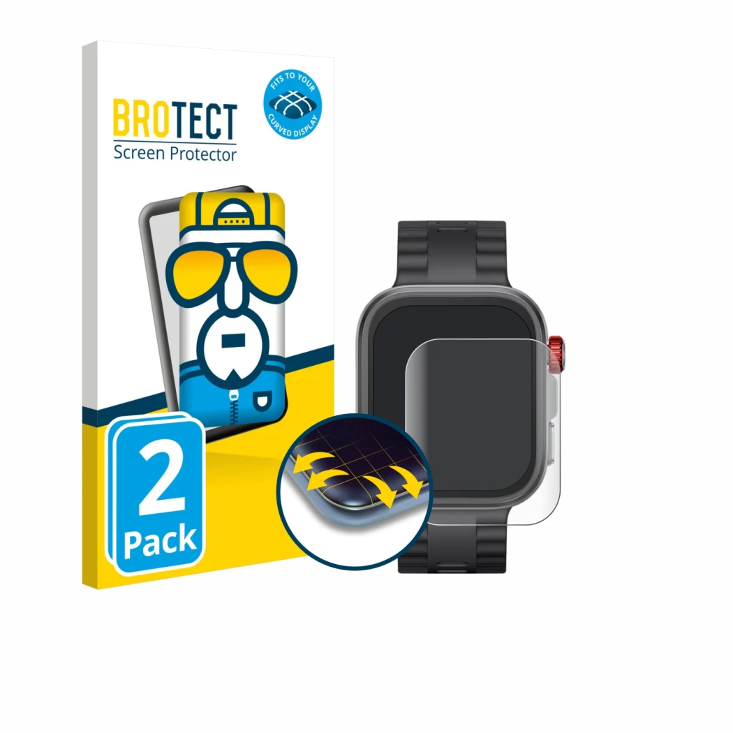 Front side of a product packaging with the brand logo BROTECT. Next to it is the device Huawei Watch Fit 4 Pro shown with the 