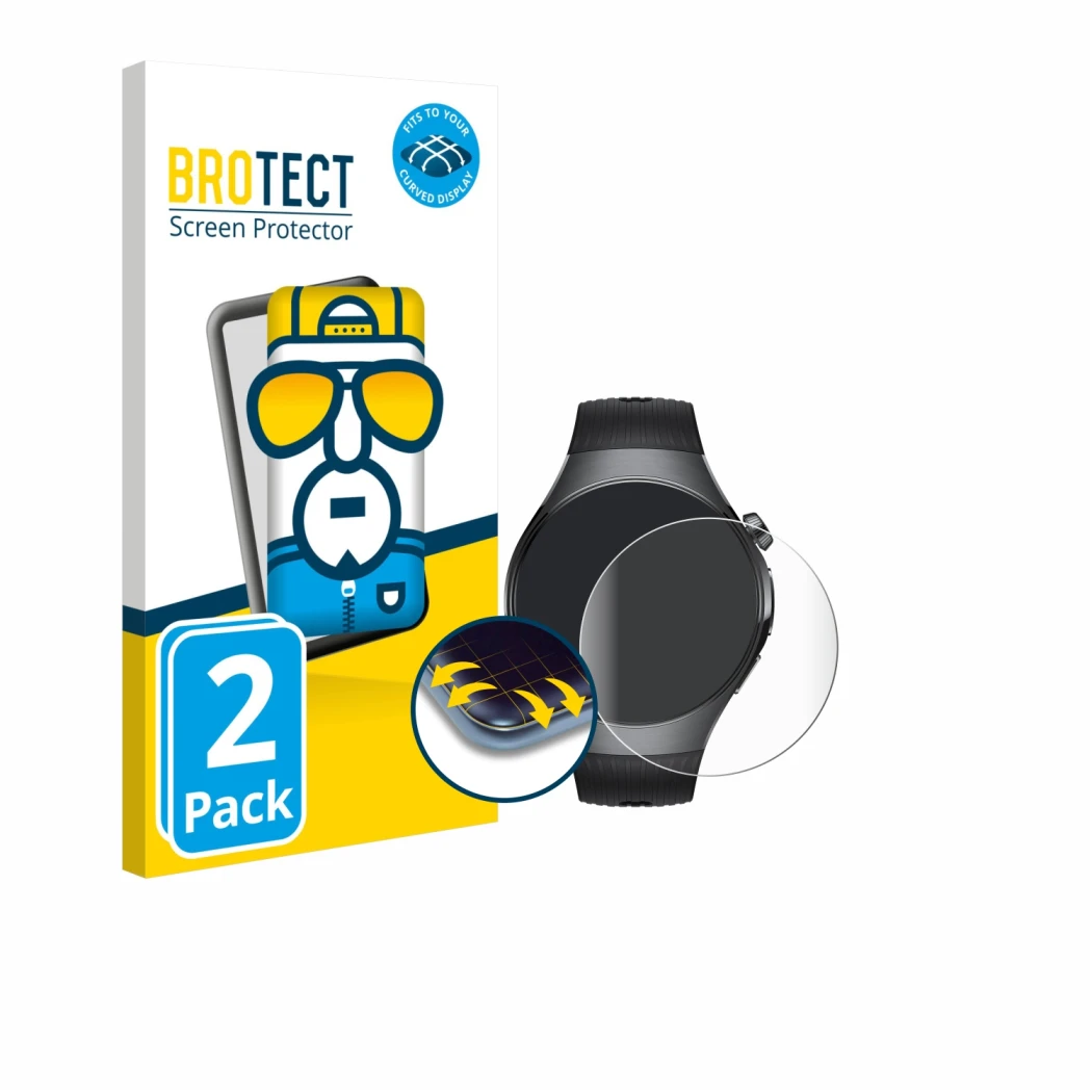 Front side of a product packaging with the brand logo BROTECT. Next to it is the device Huawei Watch 5 (46 mm) shown with the 