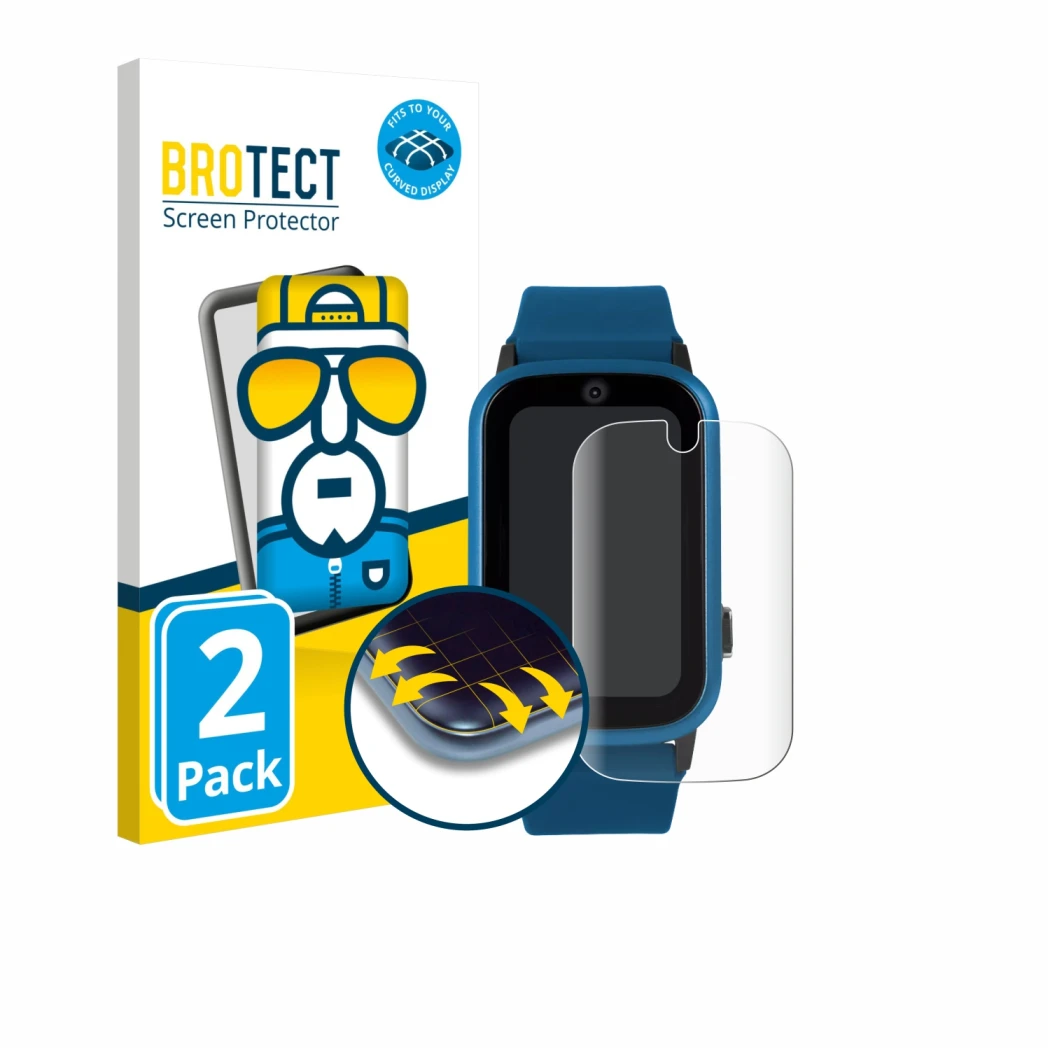 Front side of a product packaging with the brand logo BROTECT. Next to it is the device One2Track Connect Adventure shown with