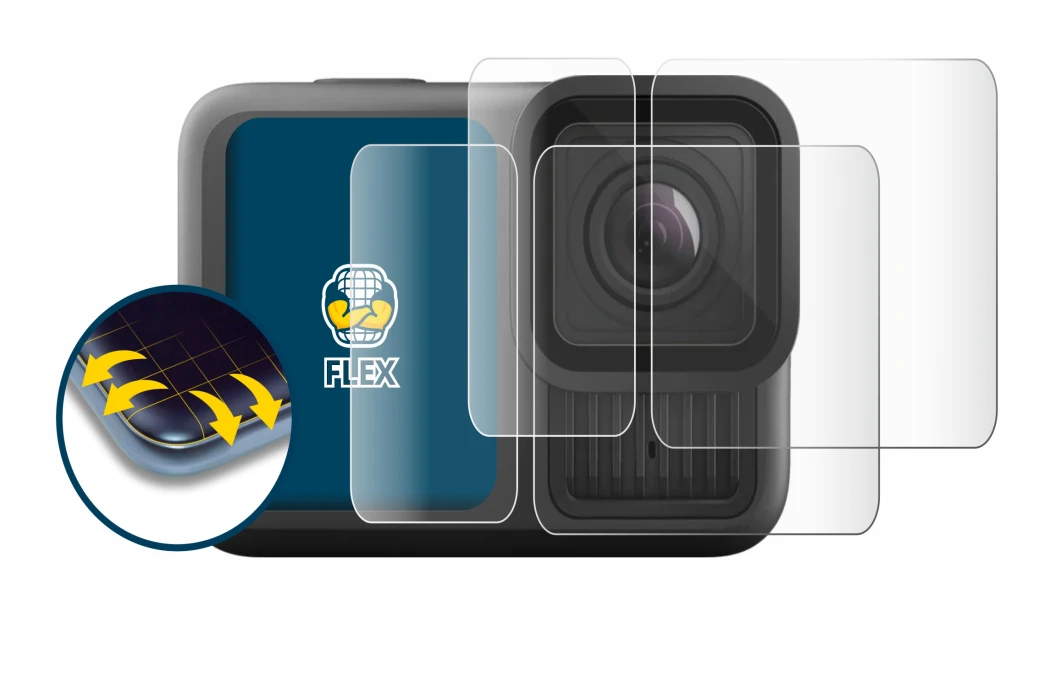 Image of the device GoPro Hero 13 Black Ultra Wide Edition with a wide variety of screen protectors.