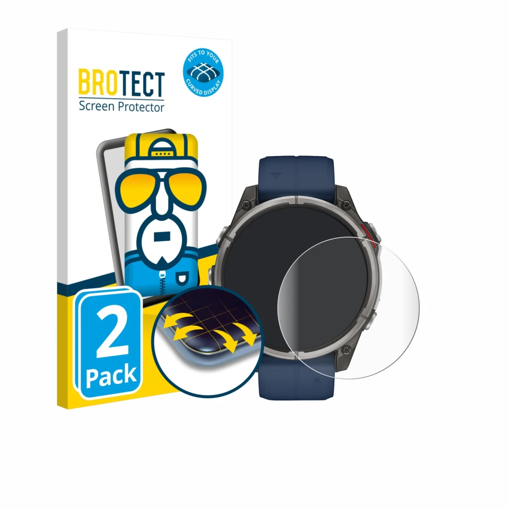 Front side of a product packaging with the brand logo BROTECT. Next to it is the device Garmin quatix 8 (47 mm) shown with the