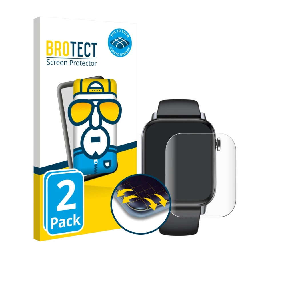 Front side of a product packaging with the brand logo BROTECT. Next to it is the device Gard Pro Health Smartwatch 2+ shown wi