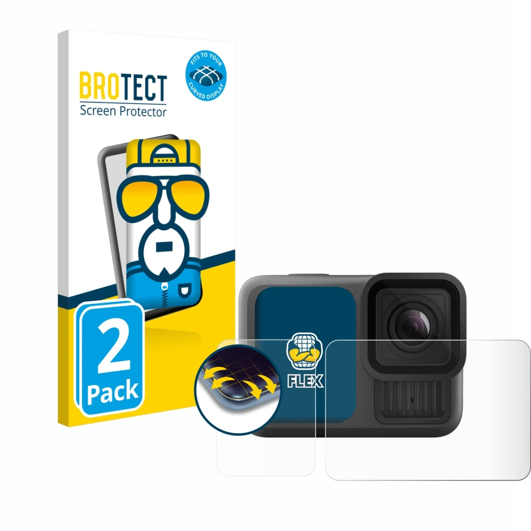 Front side of a product packaging with the brand logo BROTECT. Next to it is the device GoPro Hero 13 Black Creator Edition sh