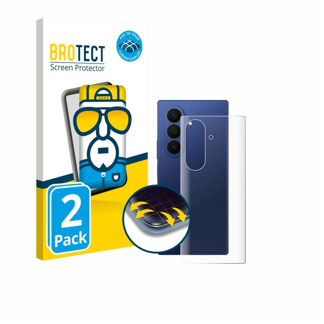 Front side of a product packaging with the brand logo BROTECT. Next to it is the device Samsung Galaxy Z Fold 7 (Back) shown w