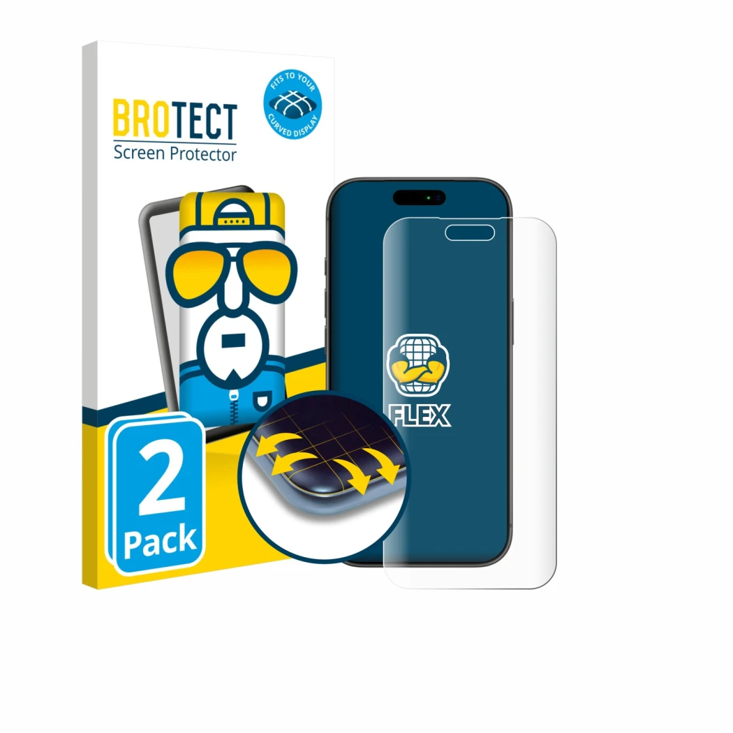 Front side of a product packaging with the brand logo BROTECT. Next to it is the device Apple iPhone 17 Pro Max shown with the