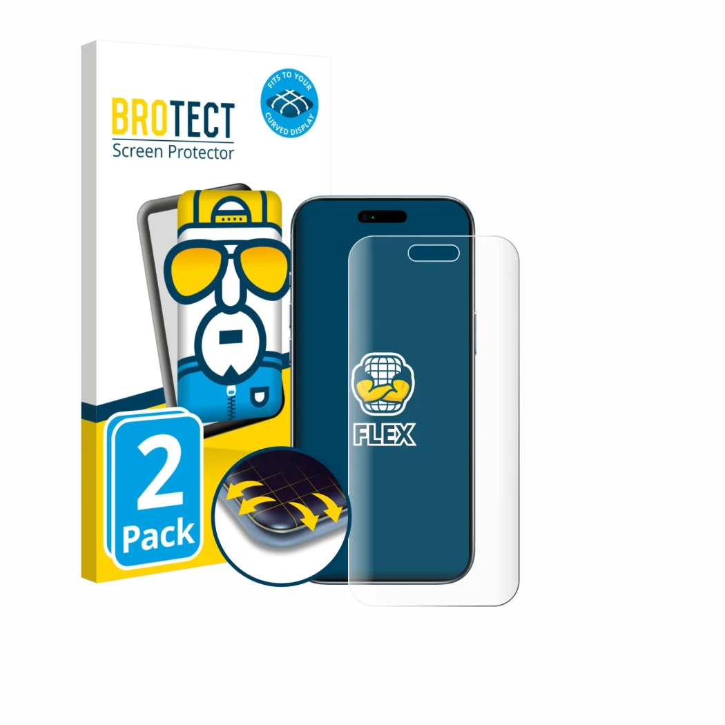 Front side of a product packaging with the brand logo BROTECT. Next to it is the device Apple iPhone Air shown with the corres