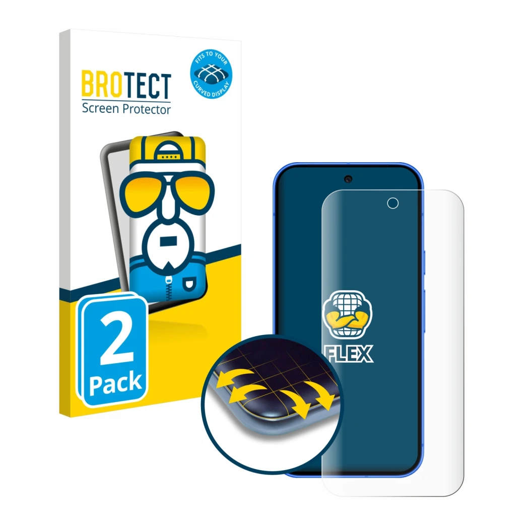 Front side of a product packaging with the brand logo BROTECT. Next to it is the device Google Pixel 10 shown with the corresp