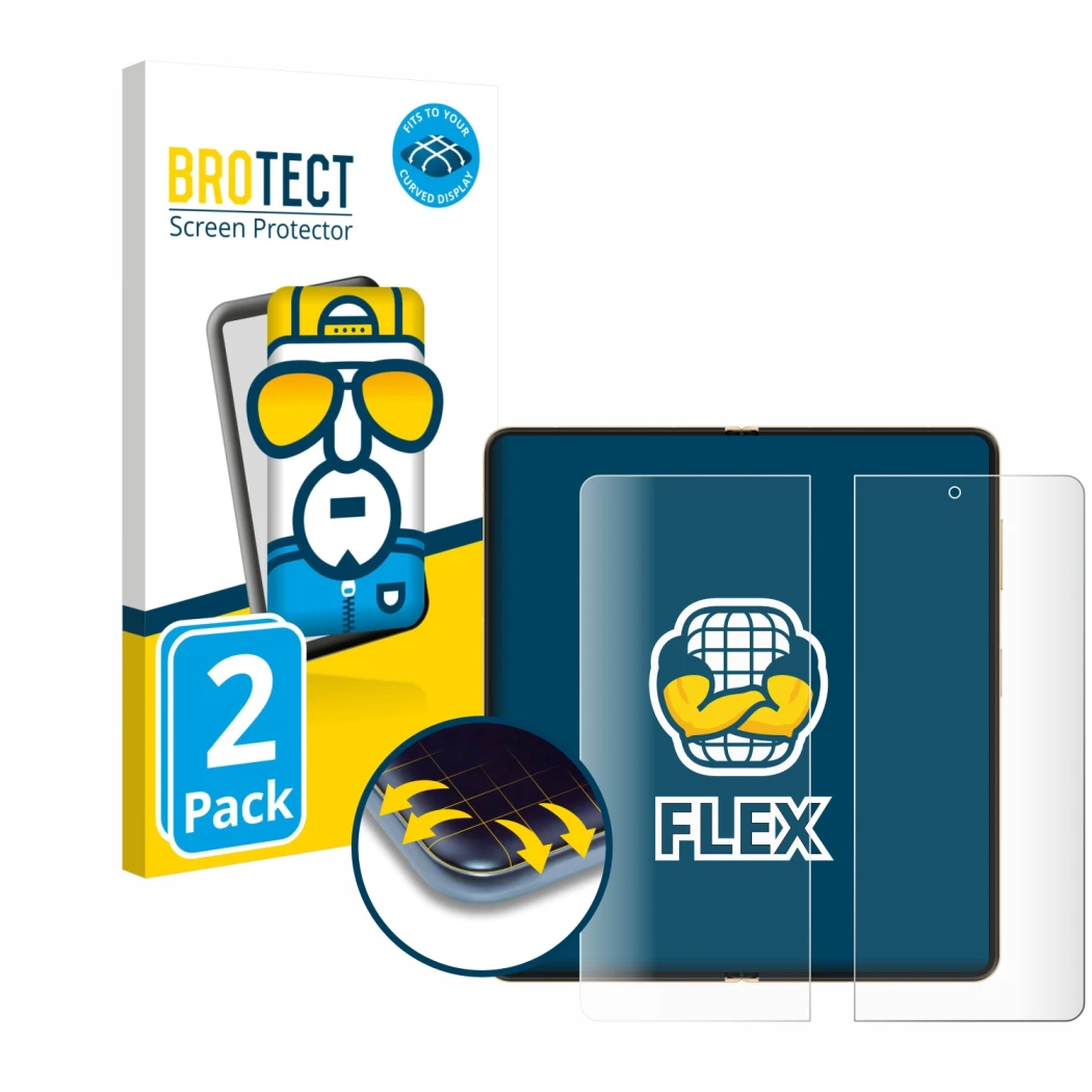 Front side of a product packaging with the brand logo BROTECT. Next to it is the device Honor Magic V5 (Inner display) shown w