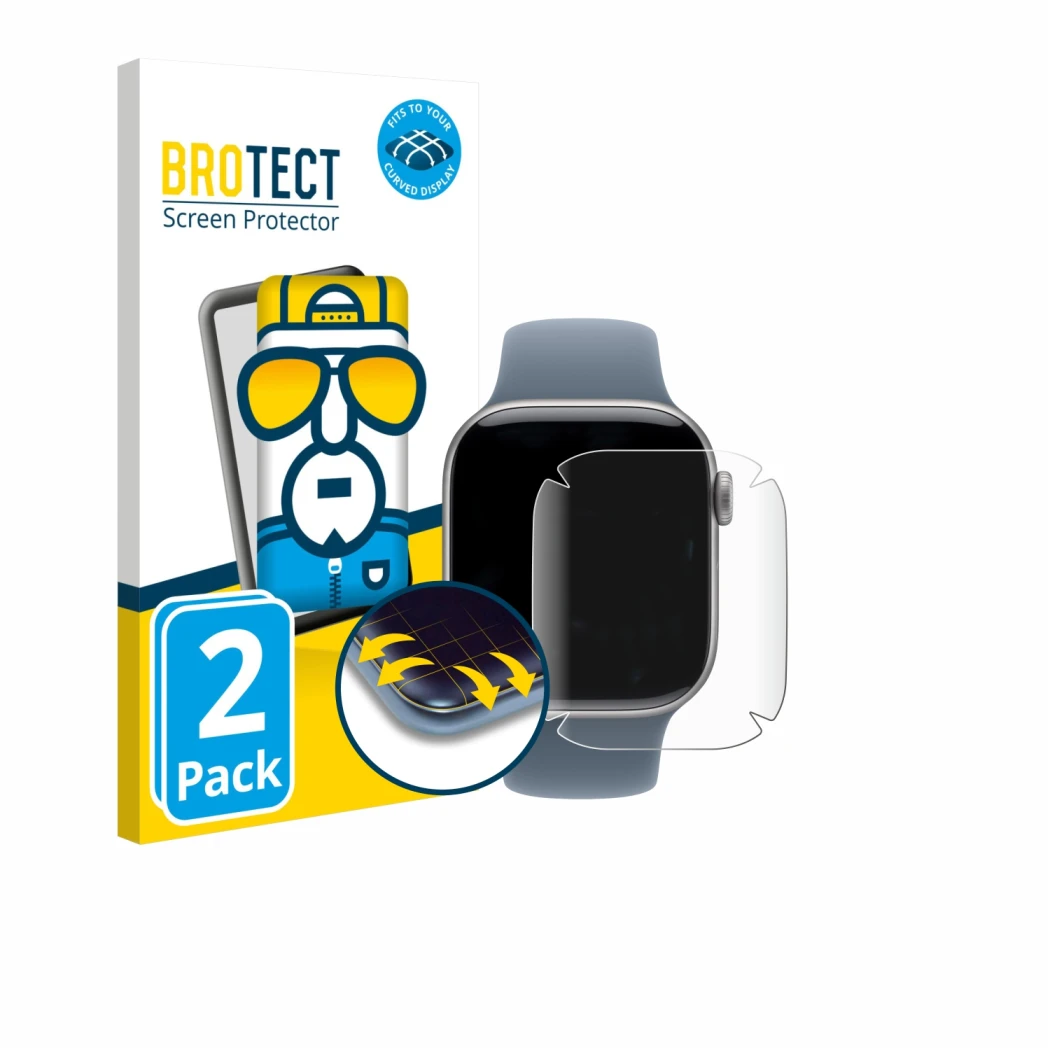 Front side of a product packaging with the brand logo BROTECT. Next to it is the device Apple Watch Series 11 (42 mm) shown wi