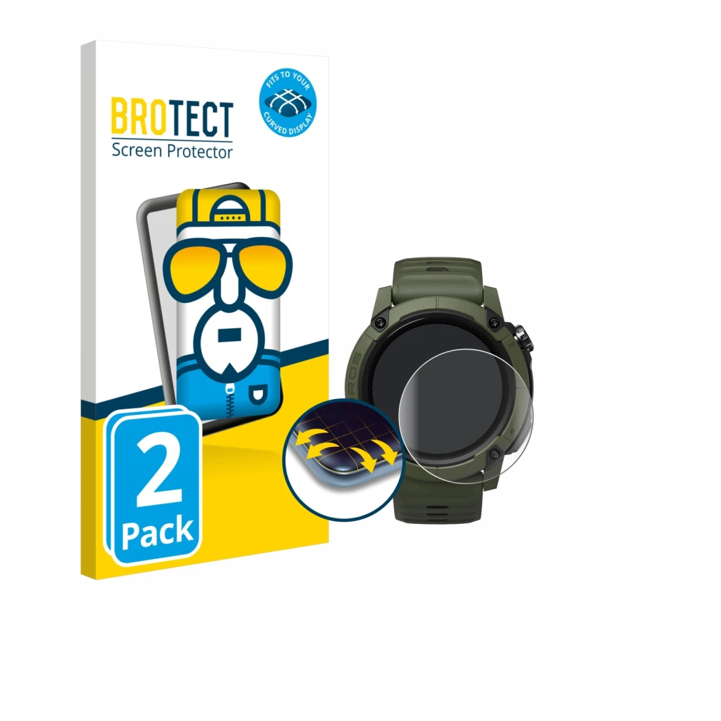 Front side of a product packaging with the brand logo BROTECT. Next to it is the device Coros NOMAD shown with the correspondi