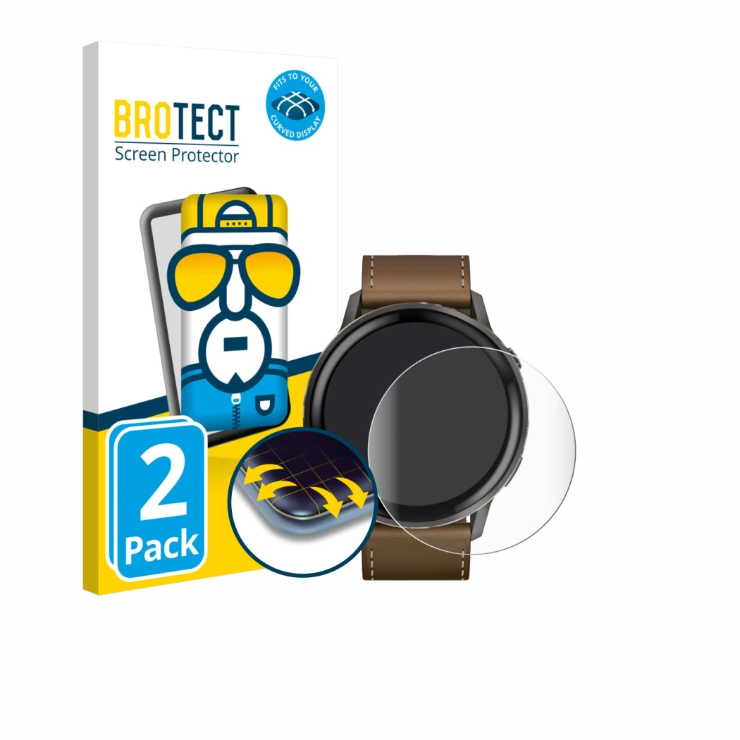 Front side of a product packaging with the brand logo BROTECT. Next to it is the device Garmin Venu 4 (45 mm) shown with the c