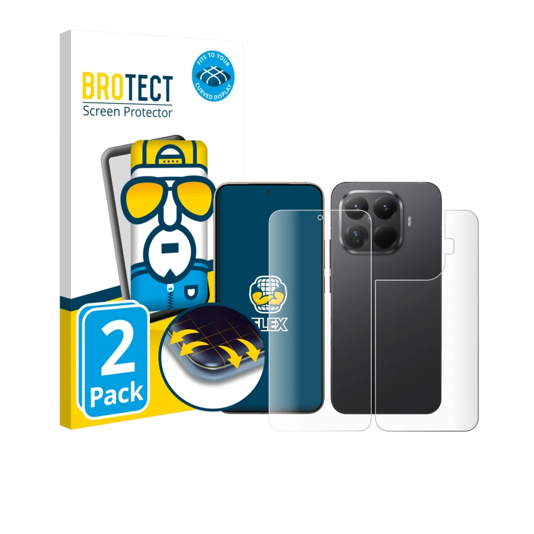 Front side of a product packaging with the brand logo BROTECT. Next to it is the device Xiaomi 15T Pro (Front+Back) shown with