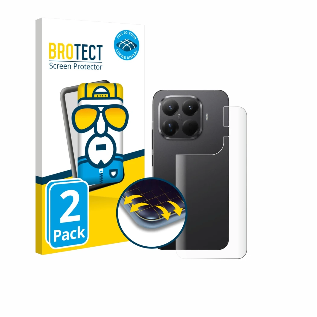 Front side of a product packaging with the brand logo BROTECT. Next to it is the device Xiaomi 15T Pro (Back) shown with the c