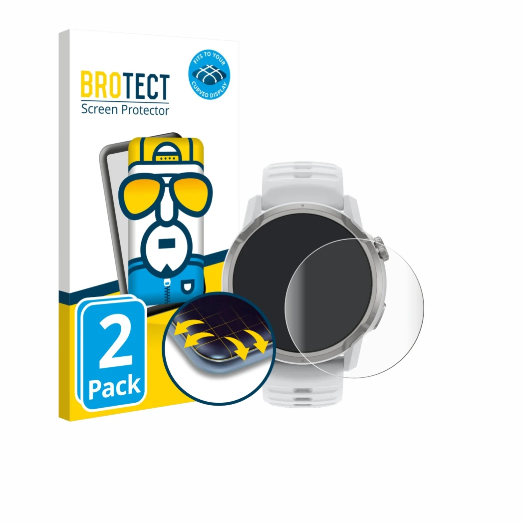 Front side of a product packaging with the brand logo BROTECT. Next to it is the device Coros Apex 4 (46 mm) shown with the co