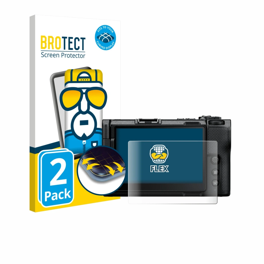 Front side of a product packaging with the brand logo BROTECT. Next to it is the device Nikon ZR shown with the corresponding 