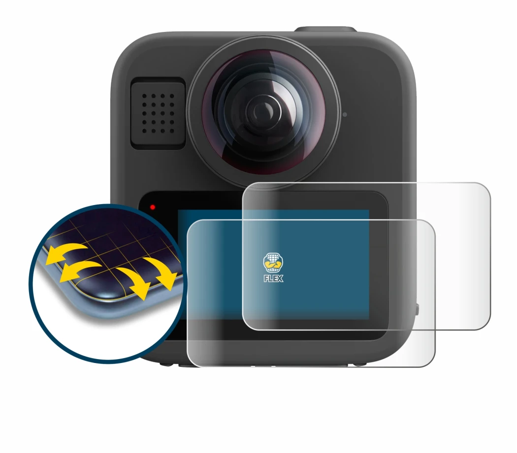 Image of the device GoPro Max 2 with a wide variety of screen protectors.