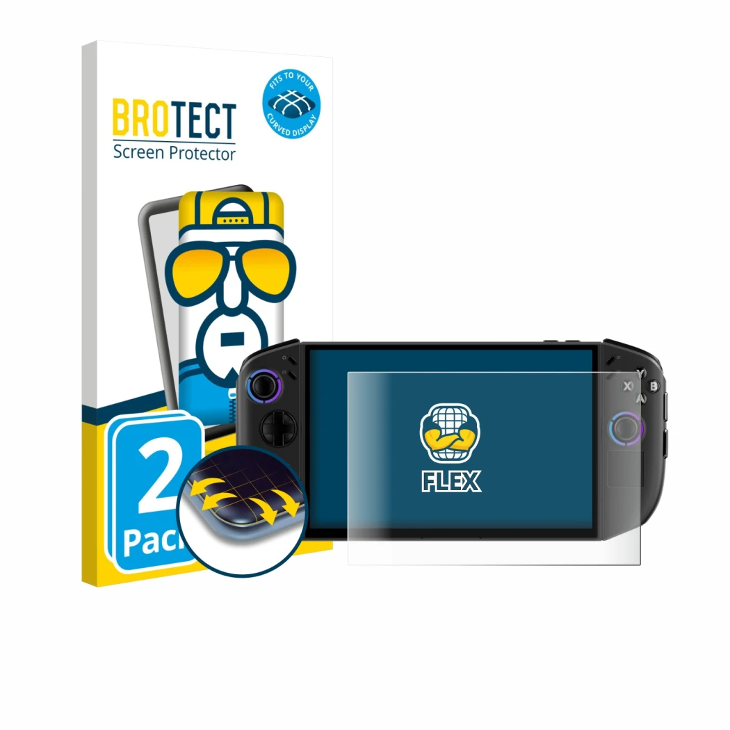 Front side of a product packaging with the brand logo BROTECT. Next to it is the device Lenovo Legion Go Gen 2 shown with the 