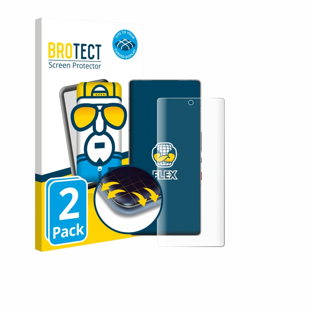 Front side of a product packaging with the brand logo BROTECT. Next to it is the device ZTE Nubia Red Magic 11 Pro Plus shown 