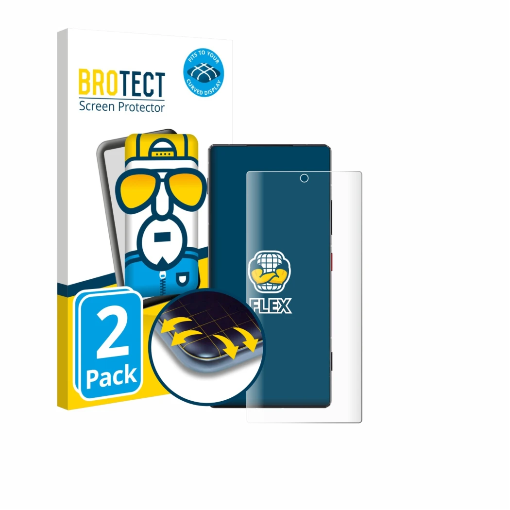 Front side of a product packaging with the brand logo BROTECT. Next to it is the device ZTE Nubia Z80 Ultra shown with the cor