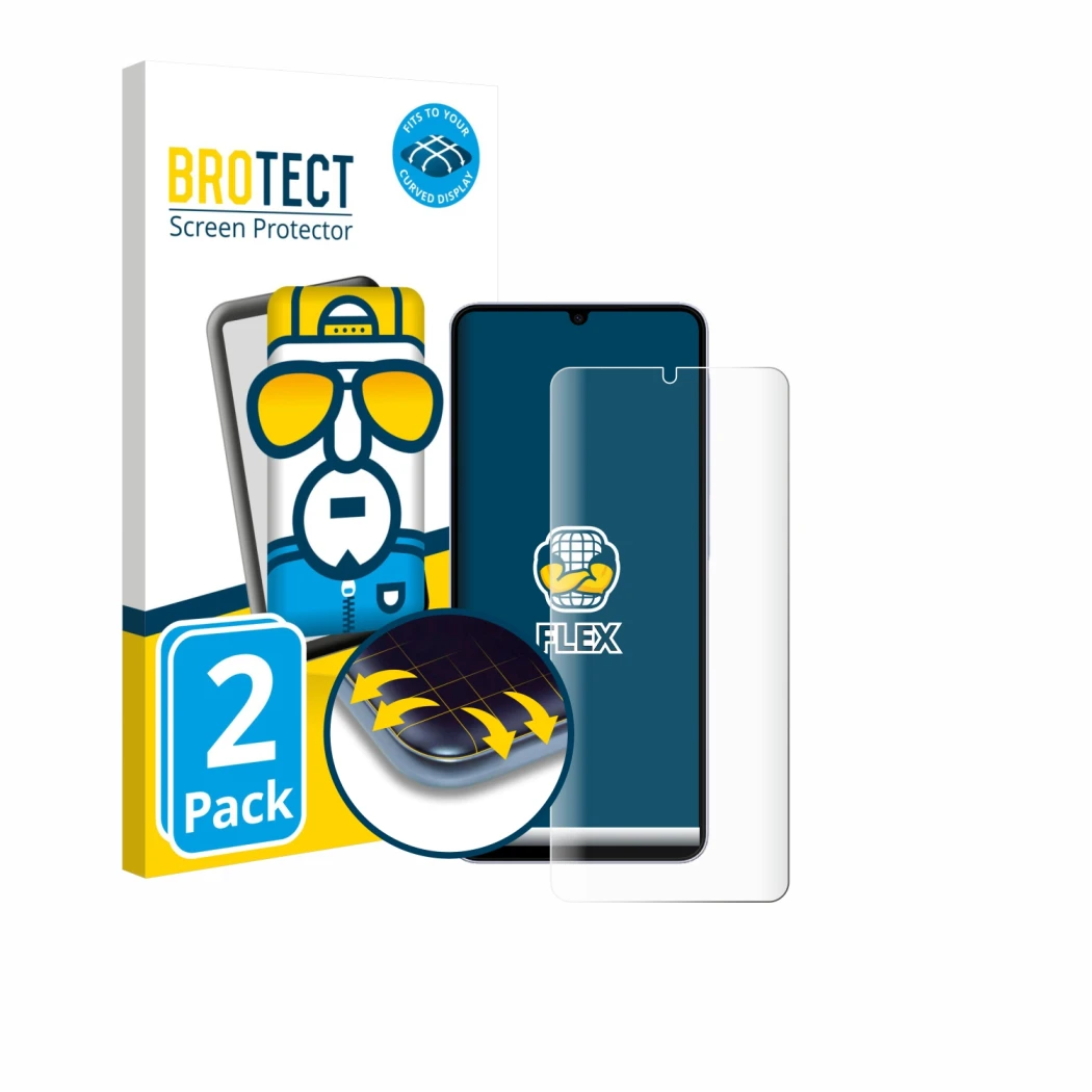 Front side of a product packaging with the brand logo BROTECT. Next to it is the device Samsung Galaxy A07 shown with the corr