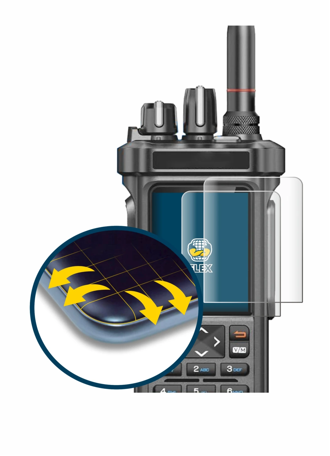 Image of the device Radtel RT-950 Pro with a wide variety of screen protectors.