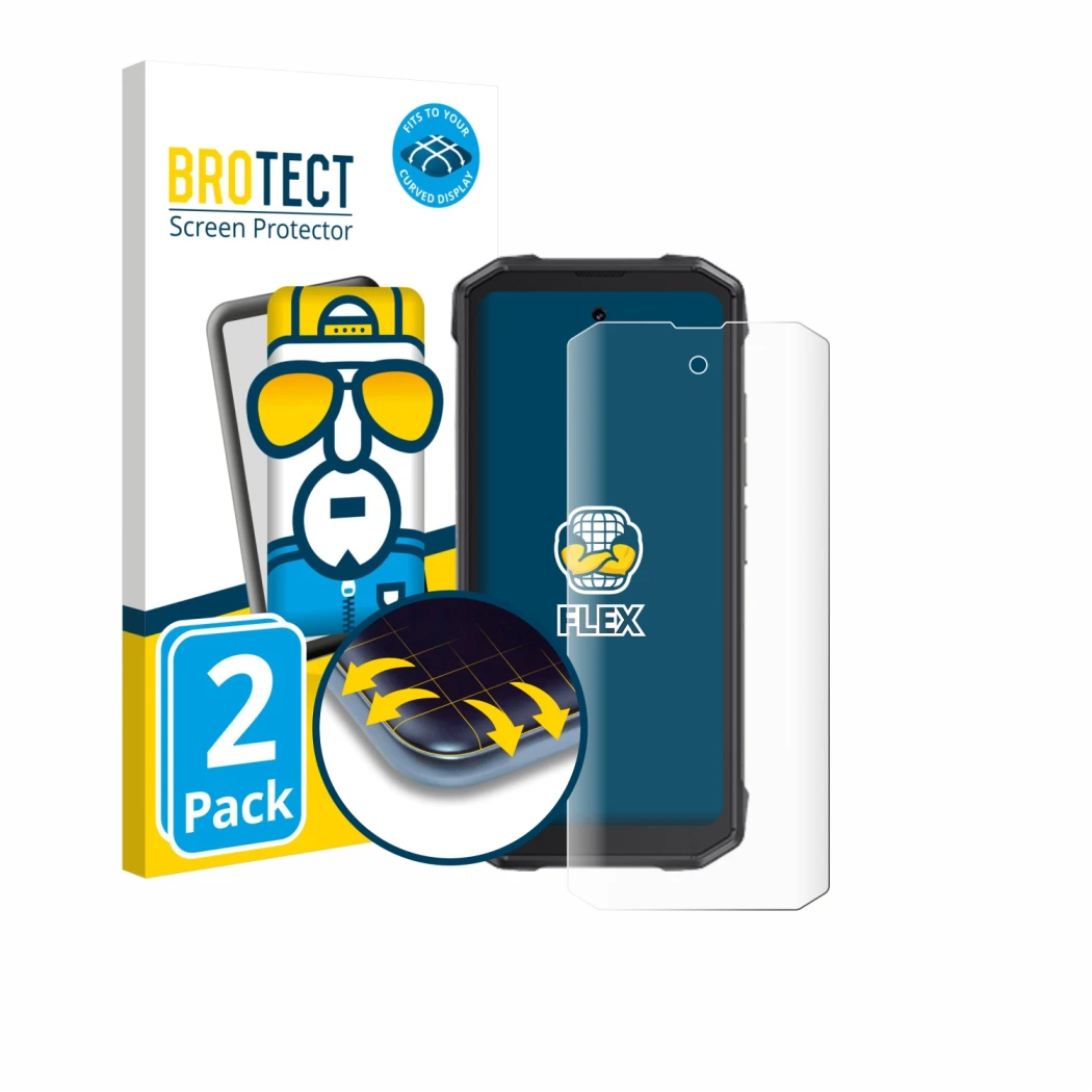 Front side of a product packaging with the brand logo BROTECT. Next to it is the device Cubot King Kong Mini 4 shown with the 