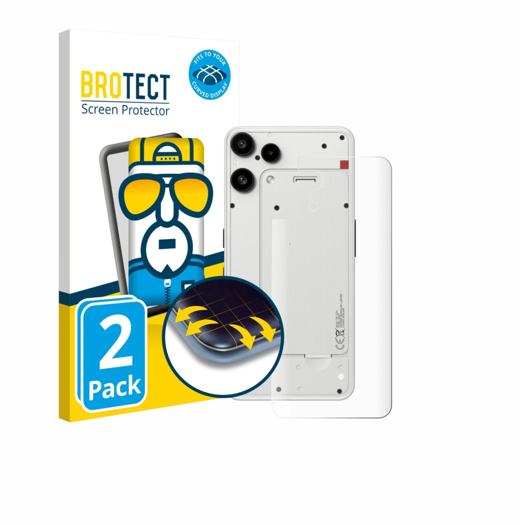 Front side of a product packaging with the brand logo BROTECT. Next to it is the device Nothing Phone (3a) Lite (Back) shown w